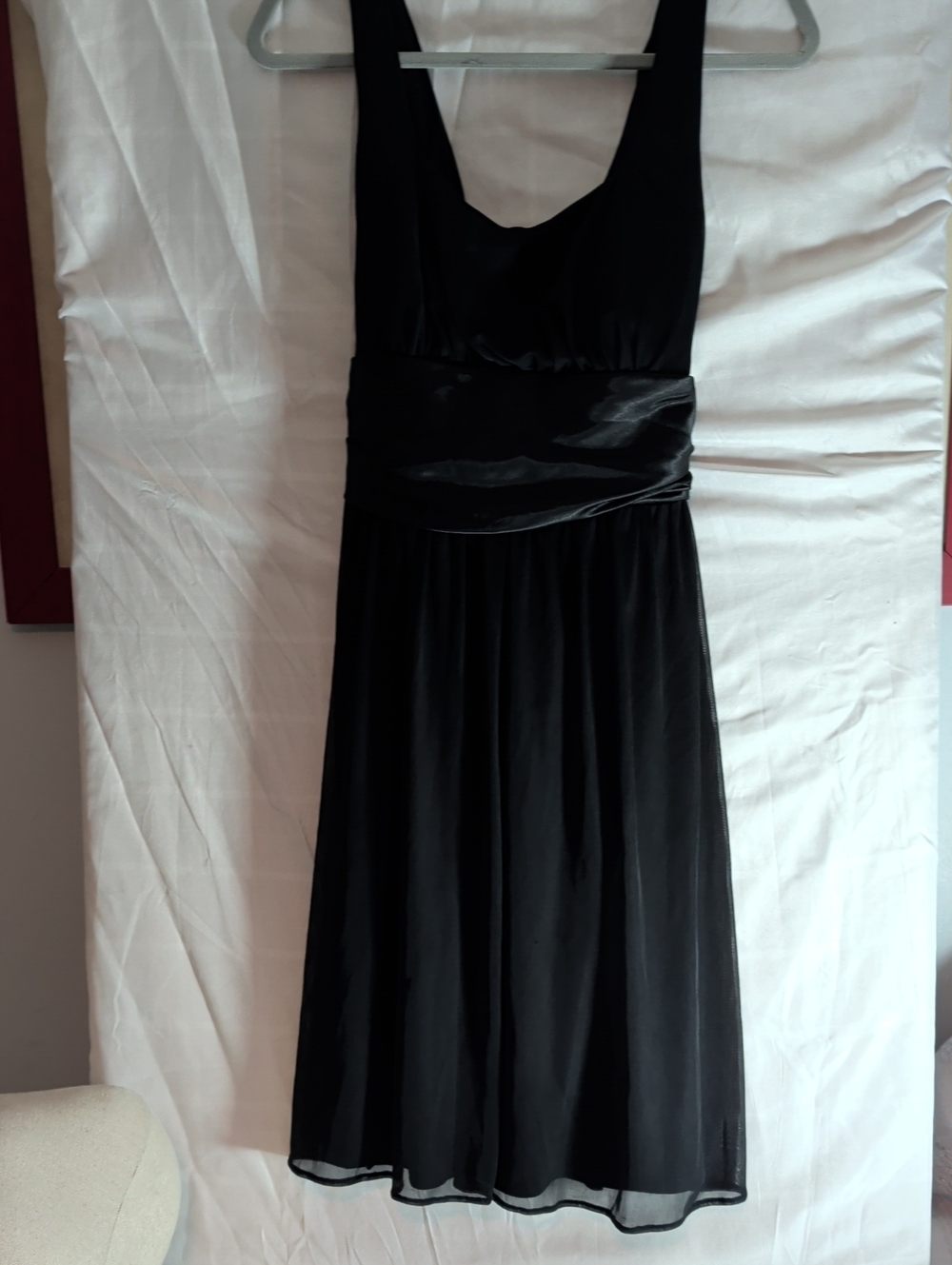 Classic Black Midi Dress with Satin Waist Detail